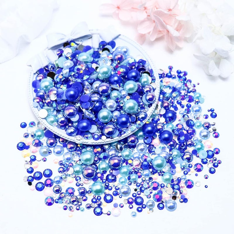 Towenm 60g Mixed Pearls and Rhinestones, Flatback Rhinestones & Pearls for Crafts, Tumblers, Shoes, Nails, Face Art, 2mm-10mm Mixed Sizes, Blue|Green|White - Image 3